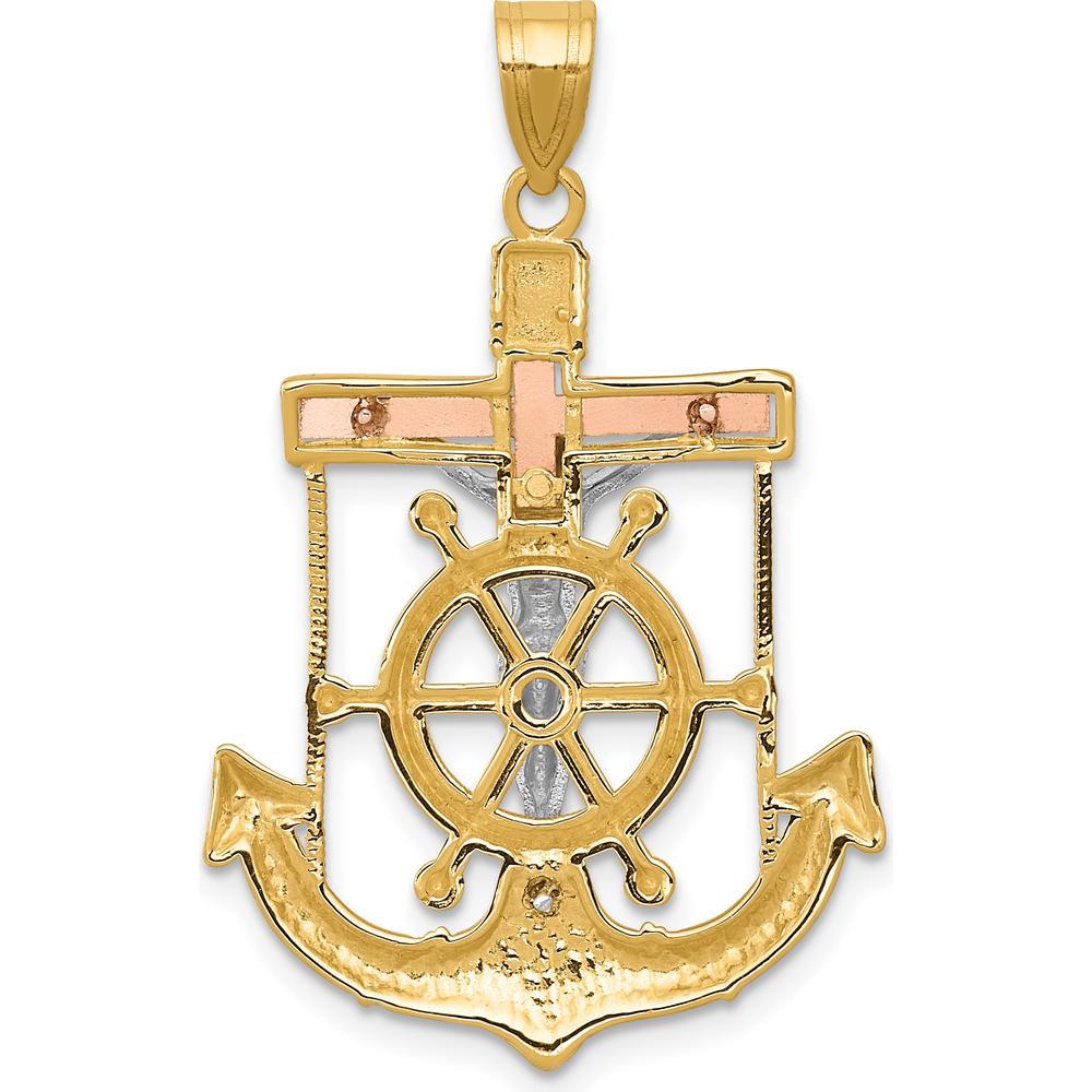 14K Tri-Color Gold Diamond-Cut Mariners Crucifix Pendant with Textured Anchor Design - 35mm Length x 22mm Width by Oro Pregiato