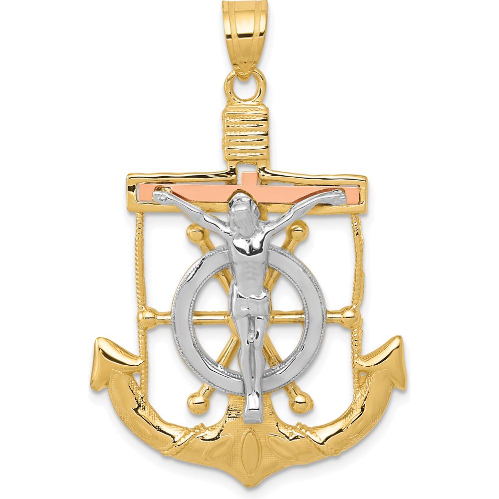 14K Tri-Color Gold Diamond-Cut Mariners Crucifix Pendant with Textured Detail by Oro Pregiato