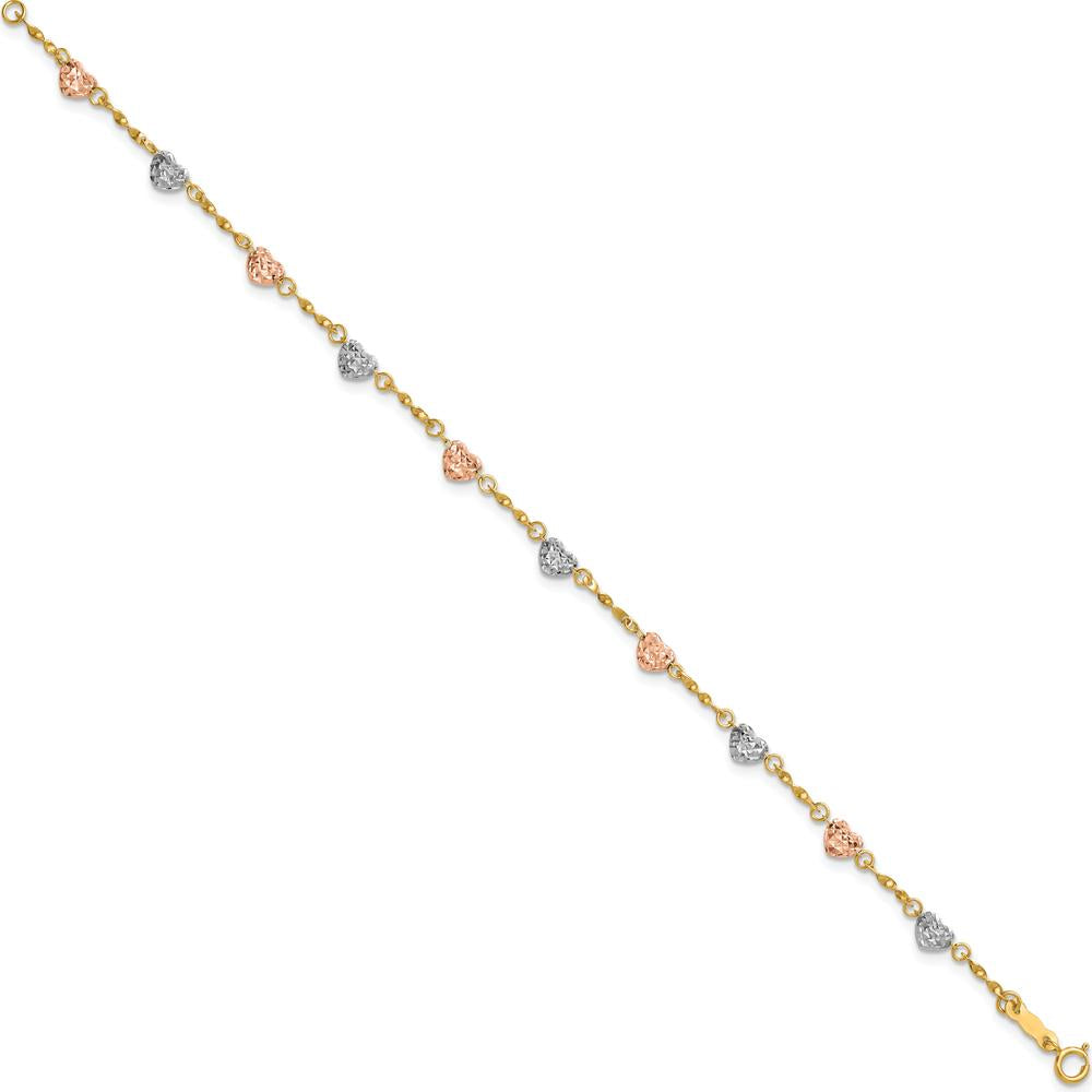 14K Tri-Color Gold Diamond-Cut Puff Heart Bracelet with Spring Ring Clasp by 0