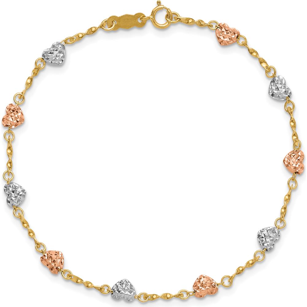 14K Tri-Color Gold Diamond-Cut Puff Heart Bracelet with Spring Ring Clasp by 0