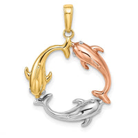 14K Tri-Color Gold Dolphin Circle Pendant with Polished Finish by Oro Pregiato