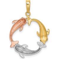 14K Tri-Color Gold Dolphin Circle Pendant with Polished Finish by Oro Pregiato