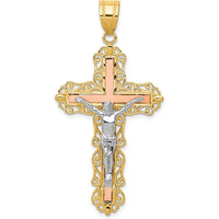 14K Tri-Color Gold Filigree Crucifix Pendant with Diamond-Cut Detailing by Oro Pregiato