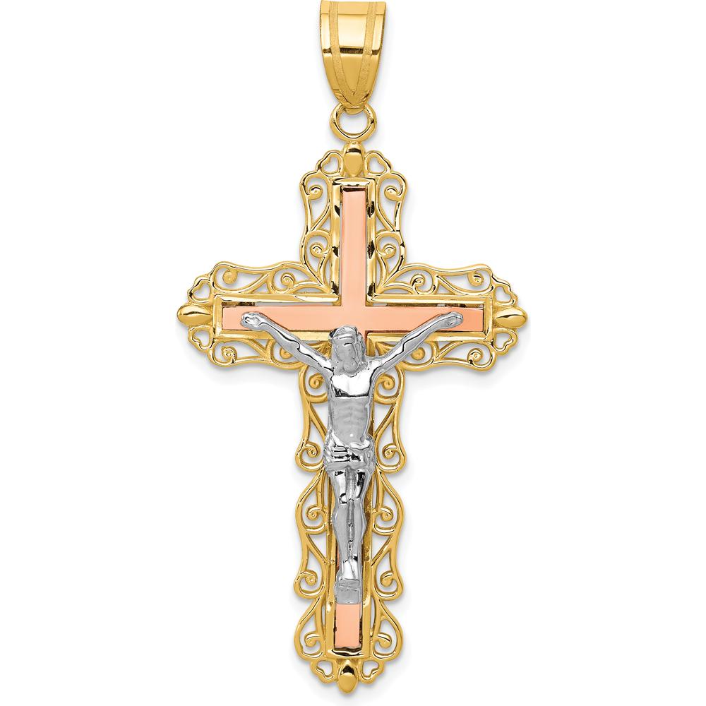 14K Tri-Color Gold Filigree Crucifix Pendant with Diamond-Cut Detailing by Oro Pregiato