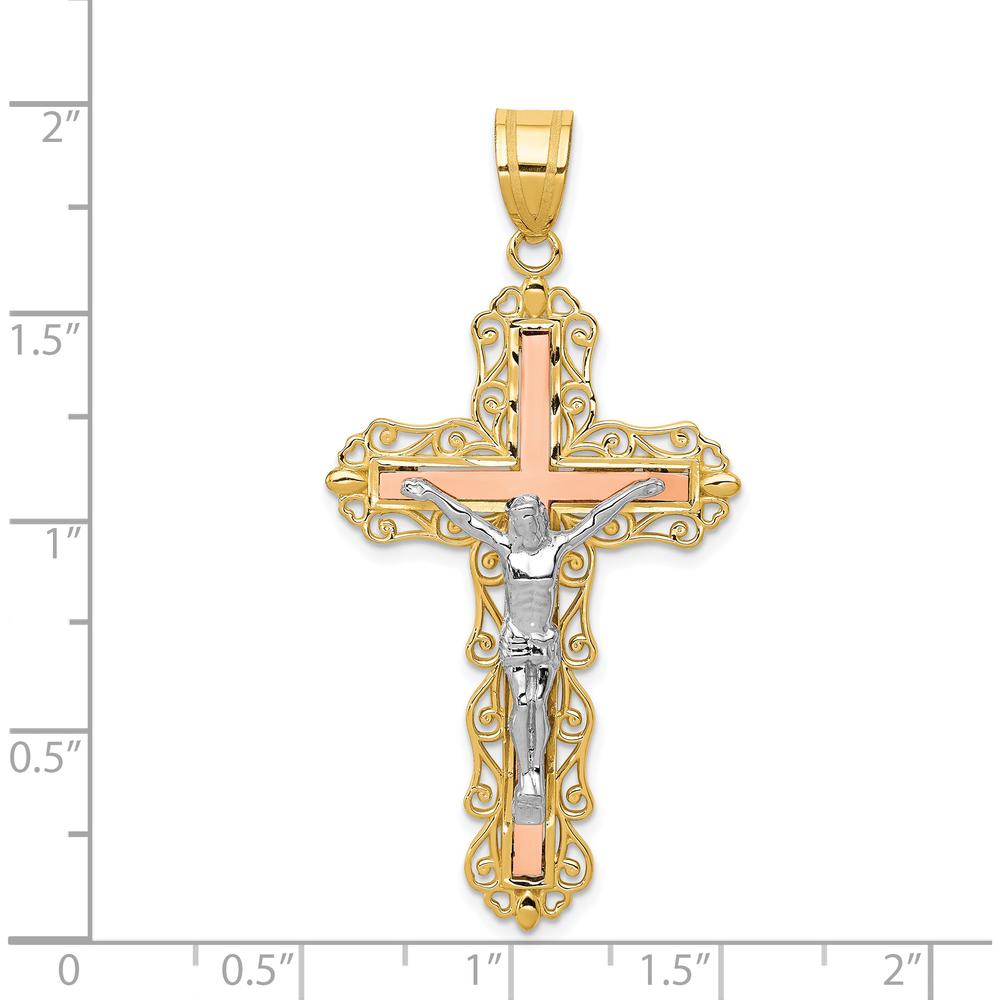 14K Tri-Color Gold Filigree Crucifix Pendant with Diamond-Cut Detailing by Oro Pregiato