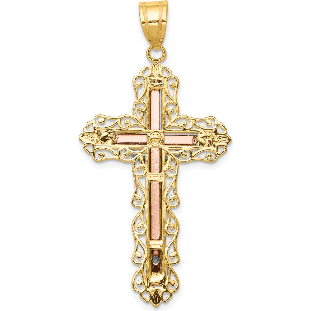 14K Tri-Color Gold Filigree Crucifix Pendant with Diamond-Cut Detailing by Oro Pregiato