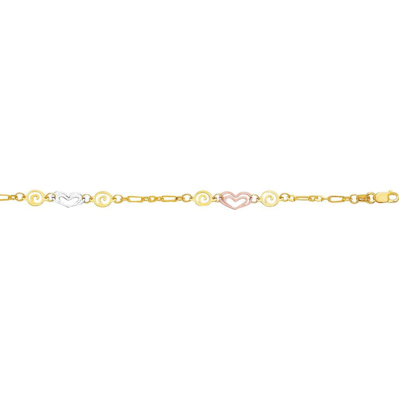 14K Tri-Color Gold Heart and Swirl Anklet - 10" Polished Anklet with Lobster Clasp by Orozza Fine Jewelry