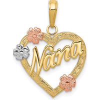 14K Tri-Color Gold Heart Pendant with Nana Script and Floral Accents by Oro Pregiato
