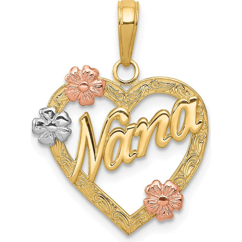 14K Tri-Color Gold Heart Pendant with Nana Script and Floral Accents by Oro Pregiato
