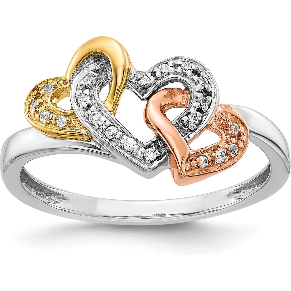 14K Tri-color Gold Heart Ring with Pave Set Round Diamonds - 0.07 Carat Total Diamond Weight by 0