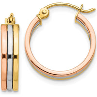 14K Tri-Color Gold Hoop Earrings - Polished Finish, 18mm Length by 0