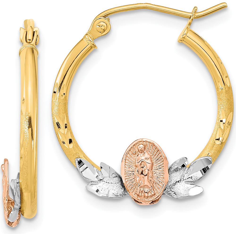 14K Tri-Color Gold Hoop Earrings with Guadalupe Image - 21.98mm Length by 0