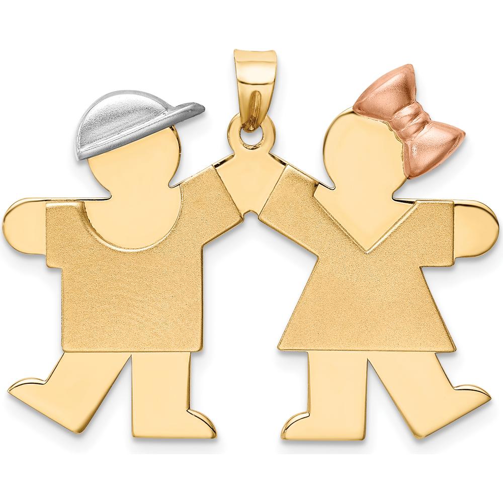 14K Tri-color Gold Kids Boy and Girl Holding Hands Engravable Pendant by Oro Pregiato