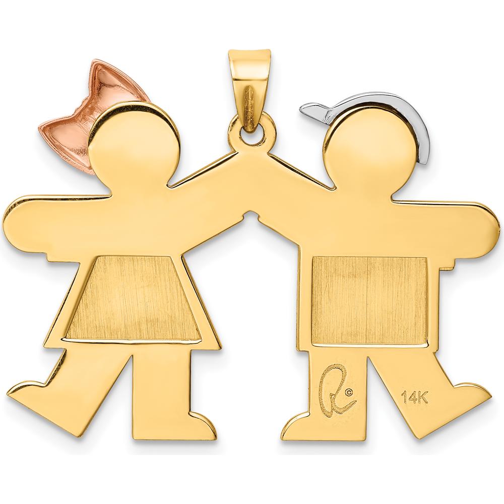 14K Tri-color Gold Kids Boy and Girl Holding Hands Engravable Pendant by Oro Pregiato