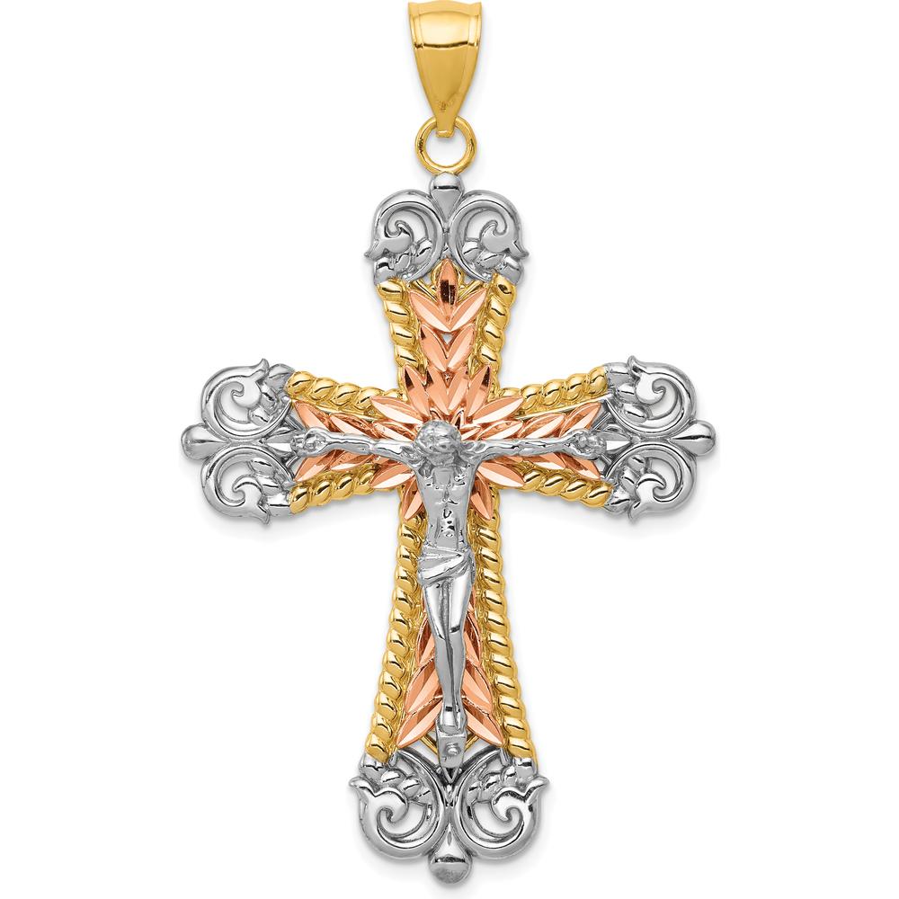 14K Tri-Color Gold Large Diamond-cut Crucifix Pendant by Oro Pregiato