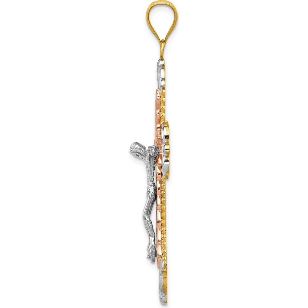 14K Tri-Color Gold Large Diamond-cut Crucifix Pendant by Oro Pregiato