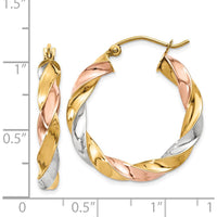 14K Tri-Color Gold Light Twisted Hoop Earrings - 29mm Length by 0