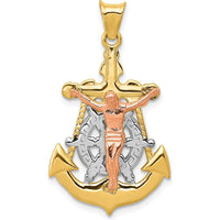 14K Tri-Color Gold Mariner Crucifix Pendant with Polished and Textured Finish - 31mm Length by Oro Pregiato
