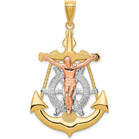 14K Tri-Color Gold Mariner Crucifix Pendant with Textured Anchor Design - 51mm Length by Oro Pregiato