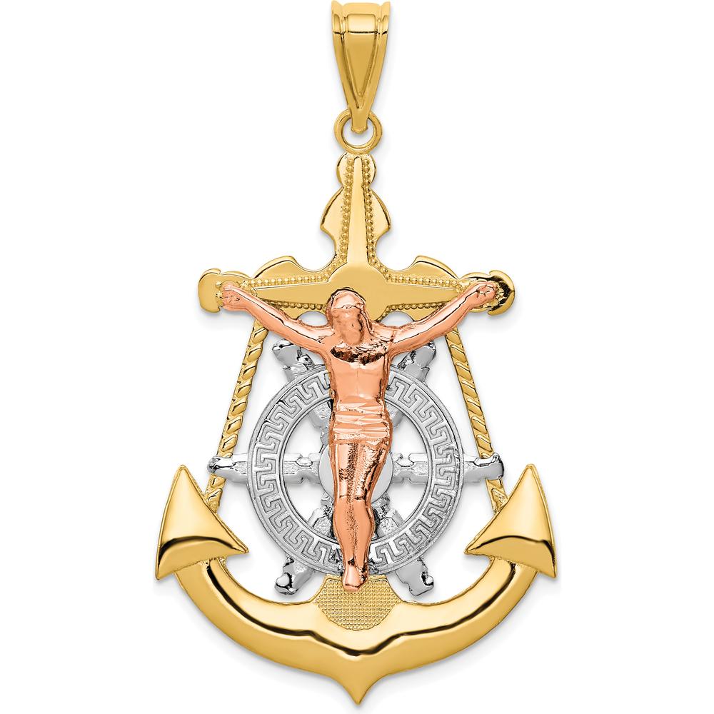 14K Tri-Color Gold Mariner Crucifix Pendant with Textured Anchor Design - 51mm Length by Oro Pregiato