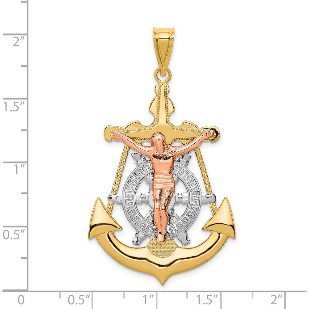 14K Tri-Color Gold Mariner Crucifix Pendant with Textured Anchor Design - 51mm Length by Oro Pregiato
