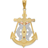 14K Tri-Color Gold Mariner Crucifix Pendant with Textured Anchor Design - 51mm Length by Oro Pregiato
