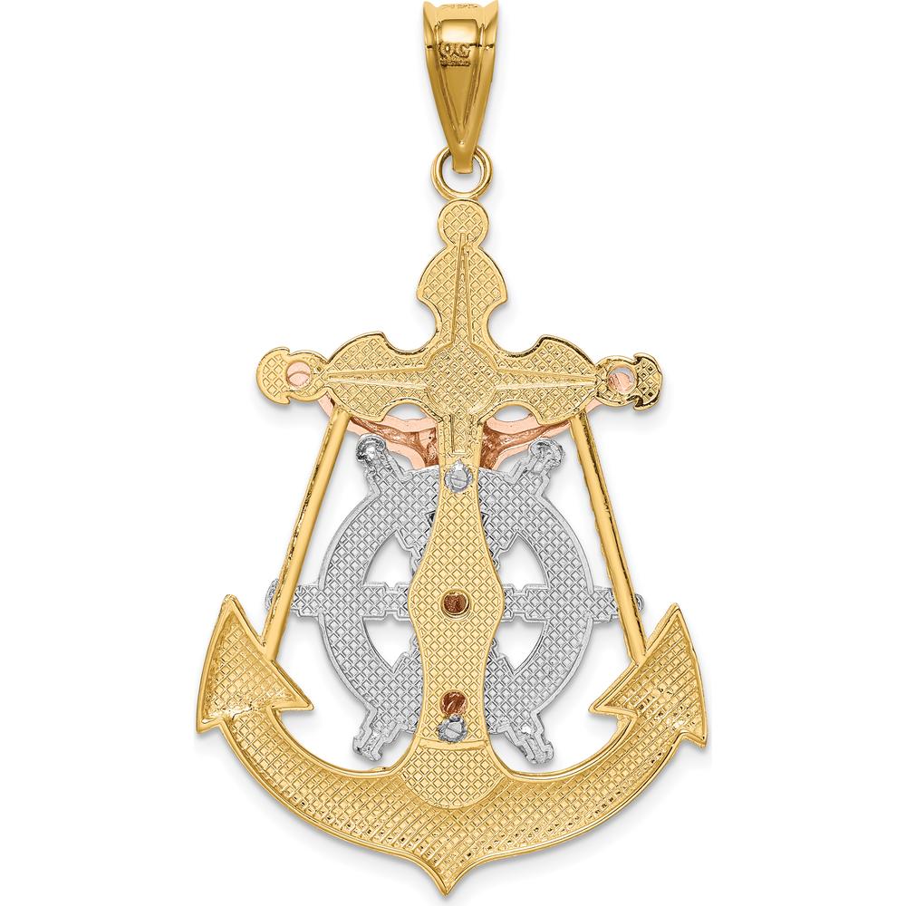14K Tri-Color Gold Mariner Crucifix Pendant with Textured Anchor Design - 51mm Length by Oro Pregiato