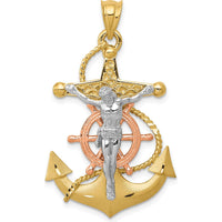 14K Tri-Color Gold Mariners Cross Pendant with Solid Casted Anchor Design by Oro Pregiato