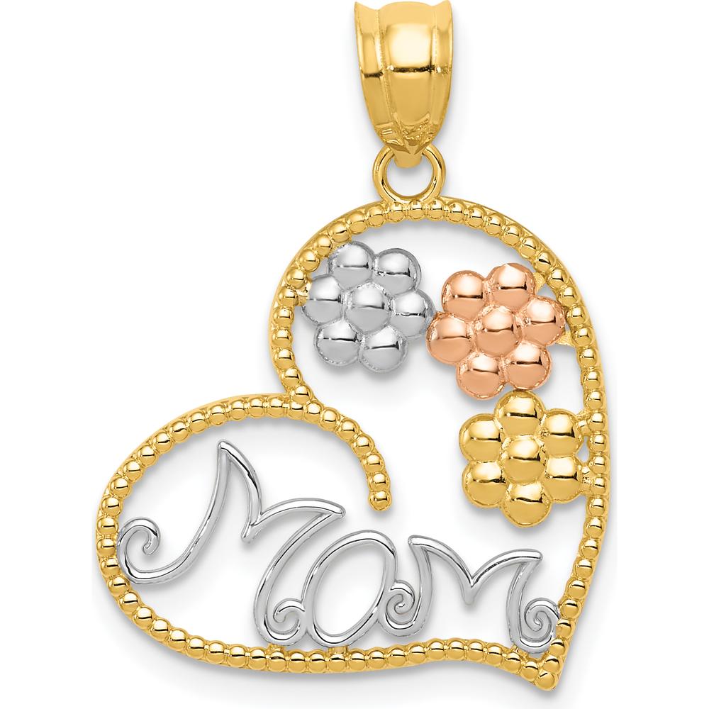 14K Tri-Color Gold MOM Heart Pendant with Flower Detailing - 19mm x 20mm by Oro Pregiato