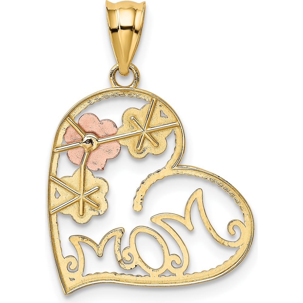 14K Tri-Color Gold MOM Heart Pendant with Flower Detailing - 19mm x 20mm by Oro Pregiato