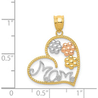 14K Tri-Color Gold MOM Heart Pendant with Flower Detailing - 19mm x 20mm by Oro Pregiato