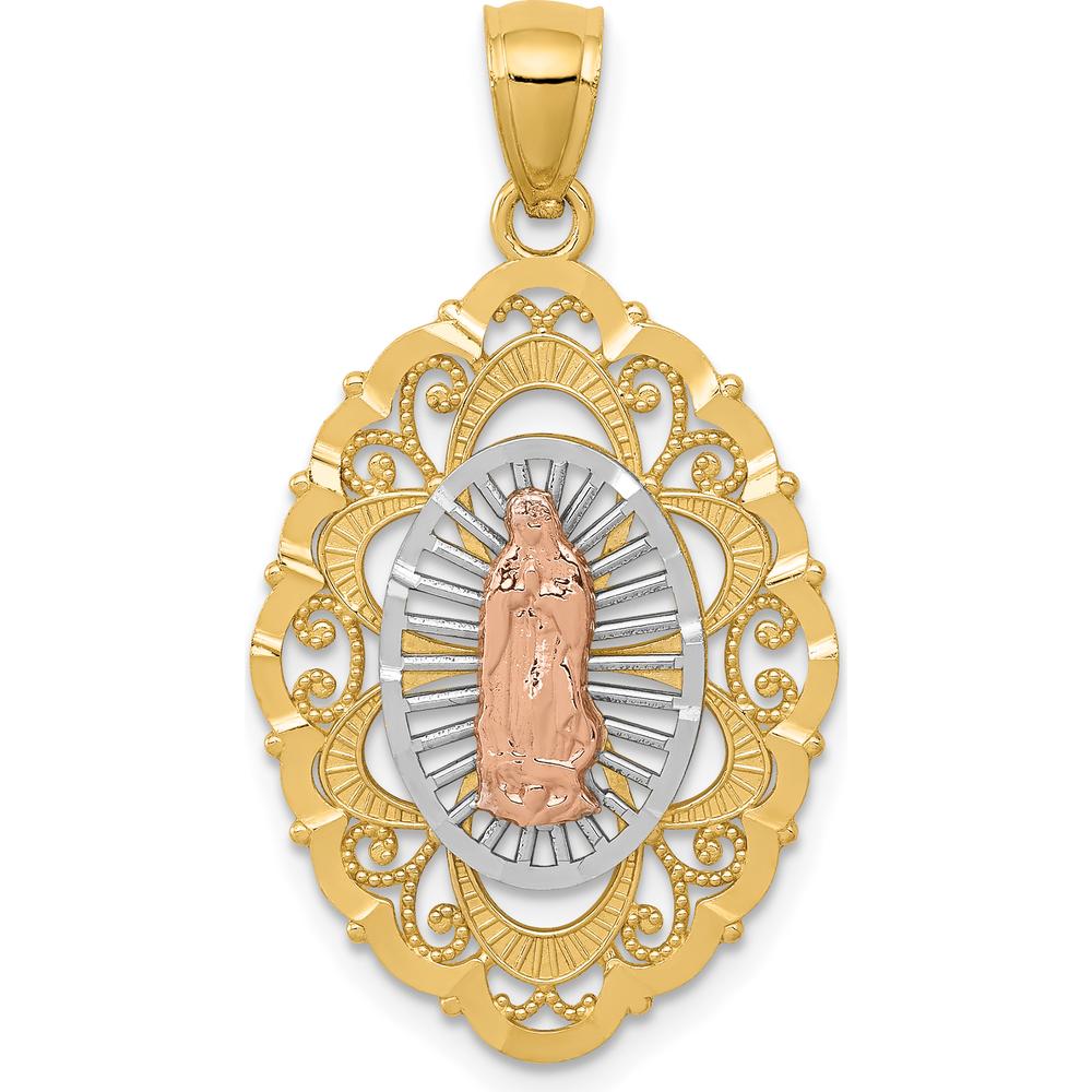 14K Tri-Color Gold Our Lady of Guadalupe Oval Pendant - 34mm Length, Polished Finish by Oro Pregiato