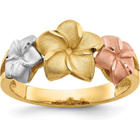 14K Tri-Color Gold Plumeria Flower Ring with Tapered Band by Oro Pregiato