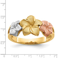 14K Tri-Color Gold Plumeria Flower Ring with Tapered Band by Oro Pregiato