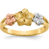 14K Tri-Color Gold Plumeria Flower Ring with Tapered Band by Oro Pregiato