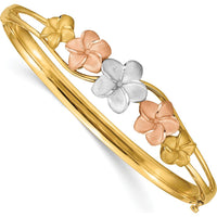 14K Tri-Color Gold Polished and Satin Diamond-cut Plumeria Hinged Oval Bangle Bracelet by Oro Pregiato