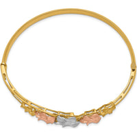 14K Tri-Color Gold Polished and Satin Diamond-cut Plumeria Hinged Oval Bangle Bracelet by Oro Pregiato