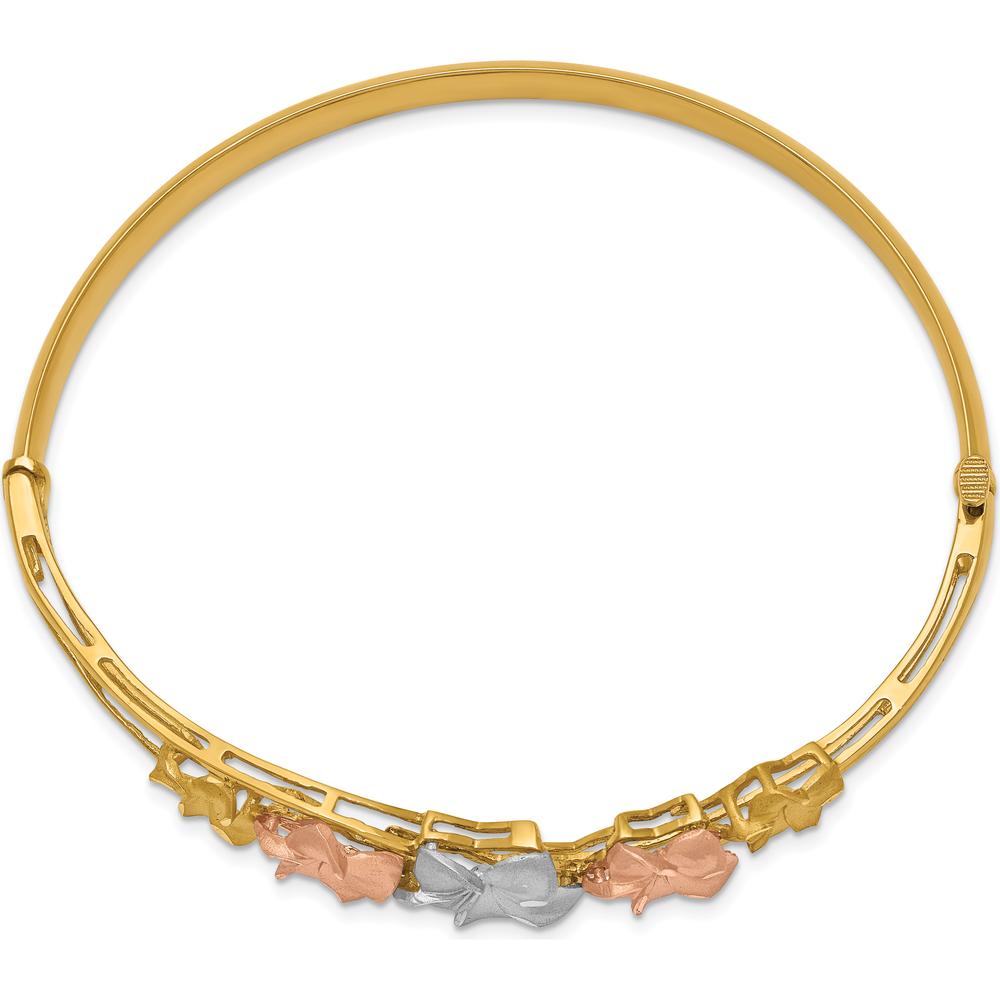 14K Tri-Color Gold Polished and Satin Diamond-cut Plumeria Hinged Oval Bangle Bracelet by Oro Pregiato