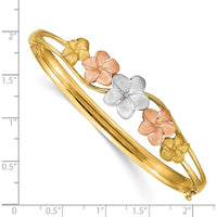 14K Tri-Color Gold Polished and Satin Diamond-cut Plumeria Hinged Oval Bangle Bracelet by Oro Pregiato