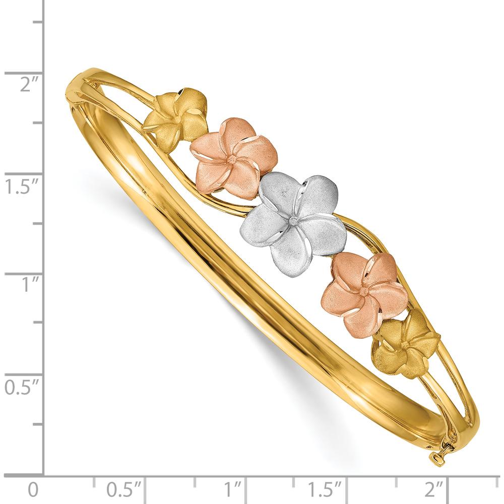 14K Tri-Color Gold Polished and Satin Diamond-cut Plumeria Hinged Oval Bangle Bracelet by Oro Pregiato