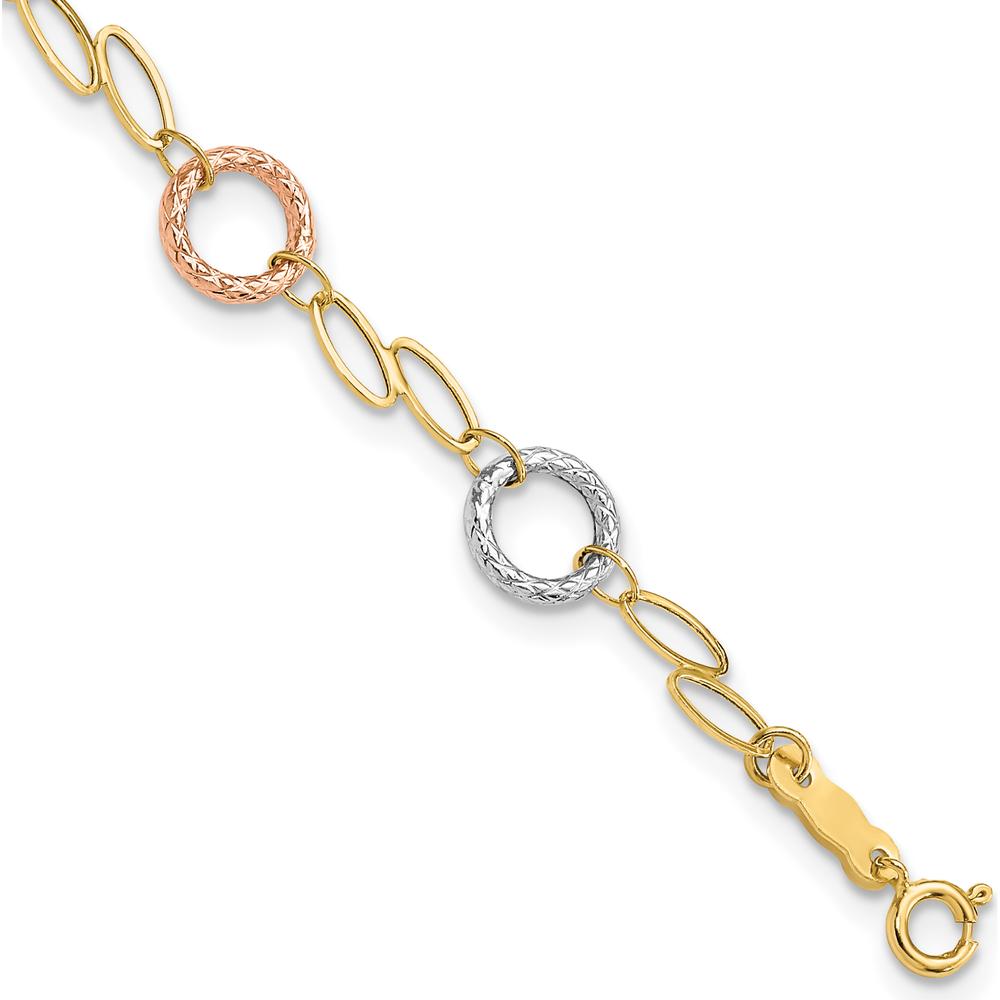 14K Tri-Color Gold Polished and Textured Round Circles and Ovals 7.25" Bracelet - Lightweight Luxury Design by 0
