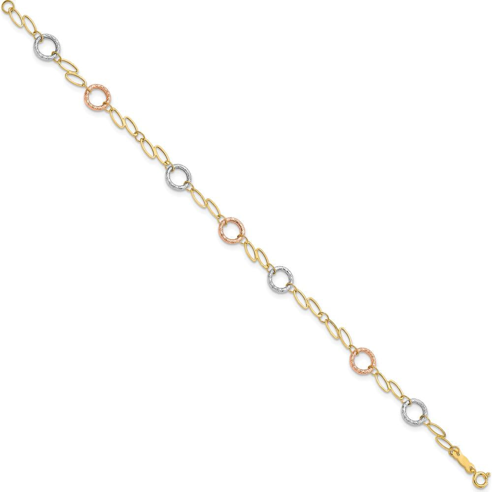 14K Tri-Color Gold Polished and Textured Round Circles and Ovals 7.25" Bracelet - Lightweight Luxury Design by 0