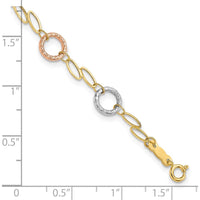 14K Tri-Color Gold Polished and Textured Round Circles and Ovals 7.25" Bracelet - Lightweight Luxury Design by 0