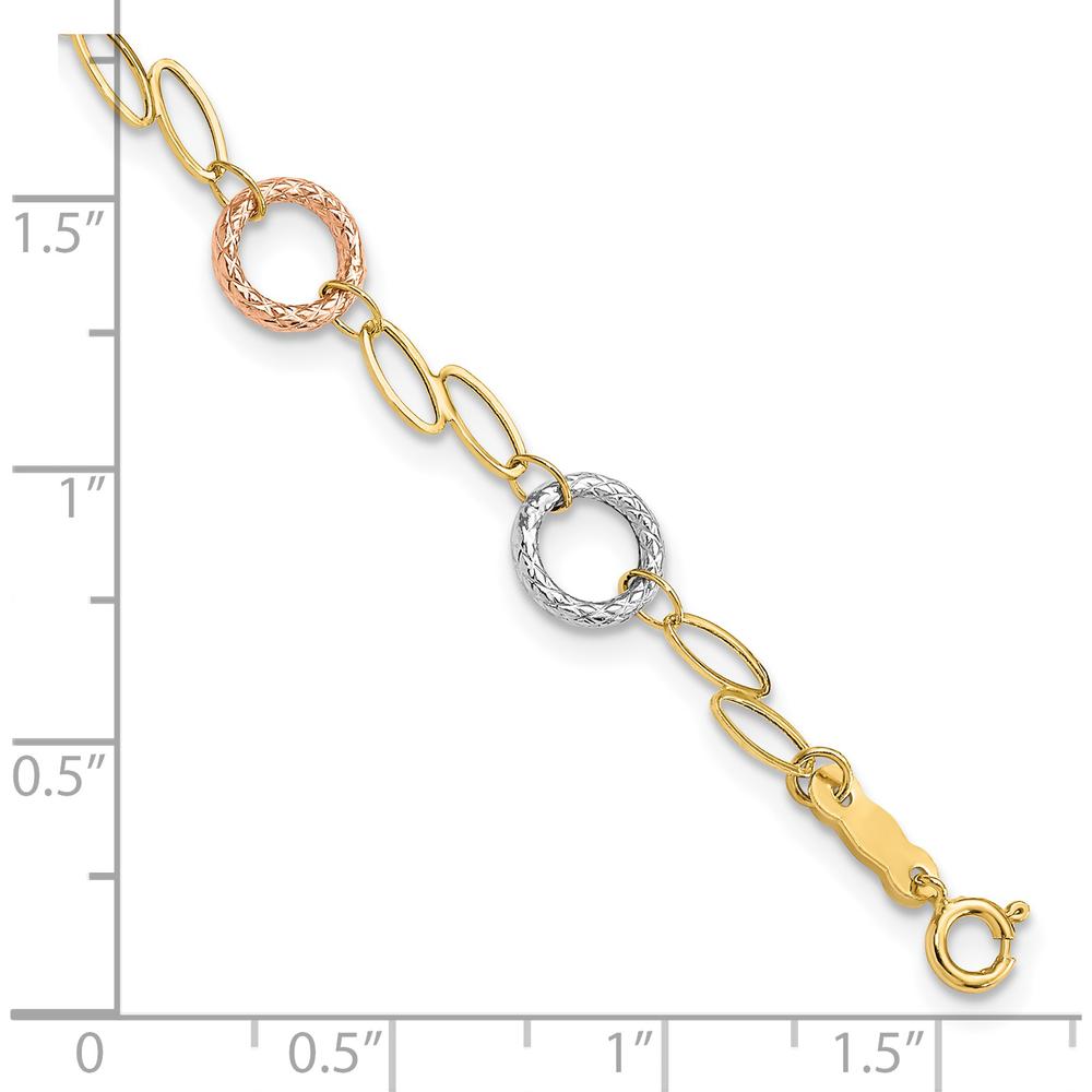 14K Tri-Color Gold Polished and Textured Round Circles and Ovals 7.25" Bracelet - Lightweight Luxury Design by 0