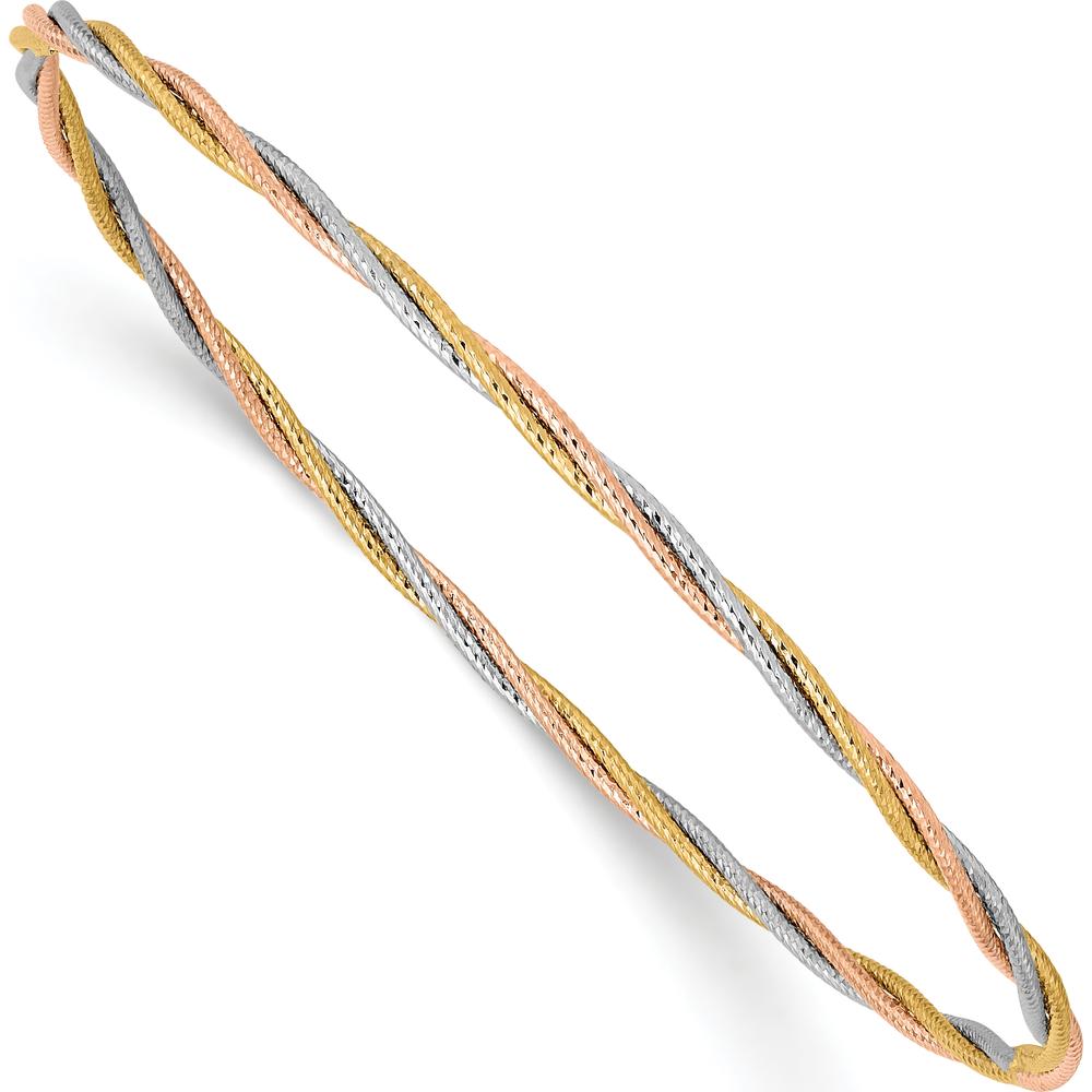 14K Tri-Color Gold Polished Diamond-cut Twisted Bangle Bracelet - 2.00mm Width by Oro Pregiato