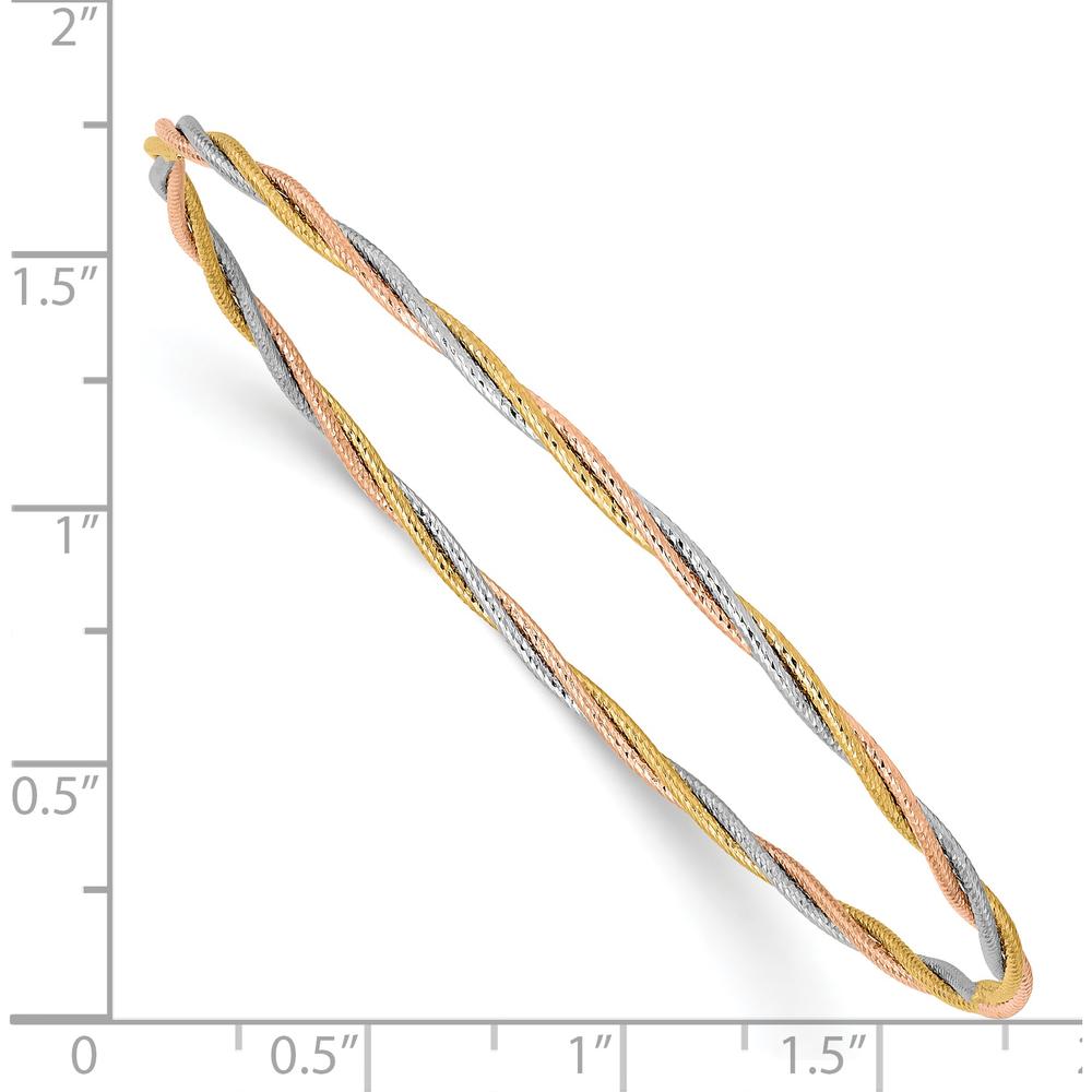 14K Tri-Color Gold Polished Diamond-cut Twisted Bangle Bracelet - 2.00mm Width by Oro Pregiato