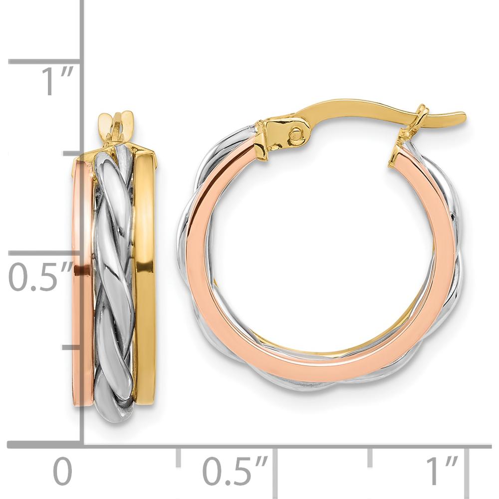 14K Tri-Color Gold Polished Hoop Earrings - 29.5mm Width, 20.5mm Length by 0