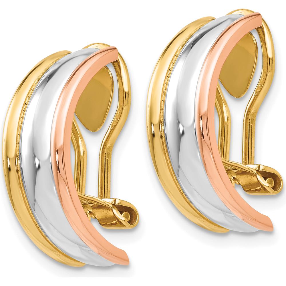 14K Tri-Color Gold Polished J-Hoop Earrings with Non-Pierced Closure - 18mm Length, 7mm Width by Oro Pregiato