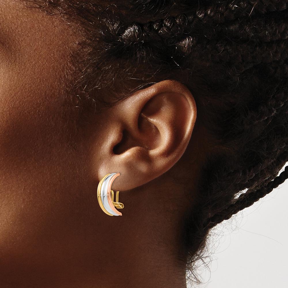 14K Tri-Color Gold Polished J-Hoop Earrings with Non-Pierced Closure - 18mm Length, 7mm Width by Oro Pregiato