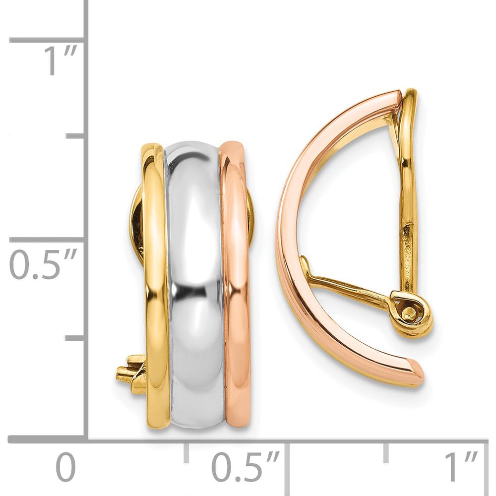 14K Tri-Color Gold Polished J-Hoop Earrings with Non-Pierced Closure - 18mm Length, 7mm Width by Oro Pregiato